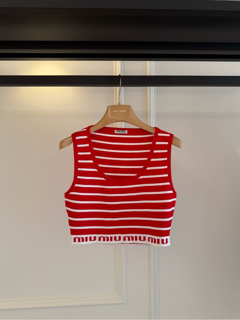 Miu Miu Red and White Striped Cropped Knit Tank